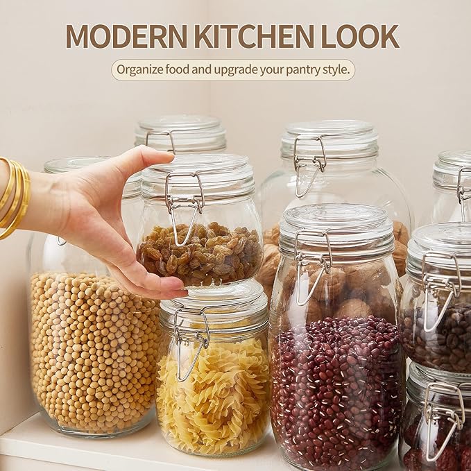 1 Gallon Glass Food Storage Jars with Airtight Lids, Set of 1 – Clear Preserving Seal Wire Clip Fastening Canisters for Kitchen Canning, Flour, Cereal, Pasta, Sugar, Beans, Pickling Jars (1gallon*1)