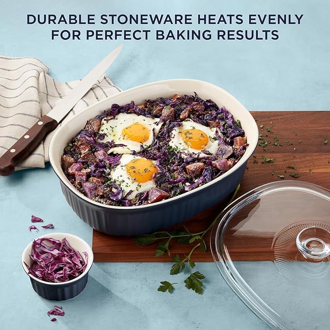 CorningWare Ceramic Bakeware Set with Lids Chip and Crack Resistant Stoneware Baking Dish, Microwave, Dishwasher, Oven, Freezer and Fridge Safe, 10-Piece French Navy