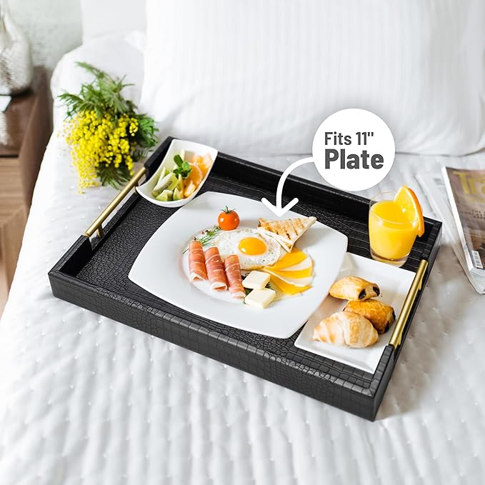 17" x 12" Wood Serving Tray with Gold Polished Metal Handles, Home Decorative Wooden Rectangle Ottoman Leather Decor Platter Bathroom Vanity Tray for All Occasions Alligator Black
