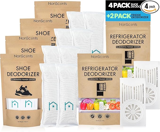 NonScents Shoe & Refrigerator Deodorizer Bundle - 4 Pack (8 Count) Shoe Odor Eliminator & 2 Refrigerator Deodorizer - Powerful, Reusable Odor Absorbers for Shoes, Fridge, Closets - Unscented Freshness