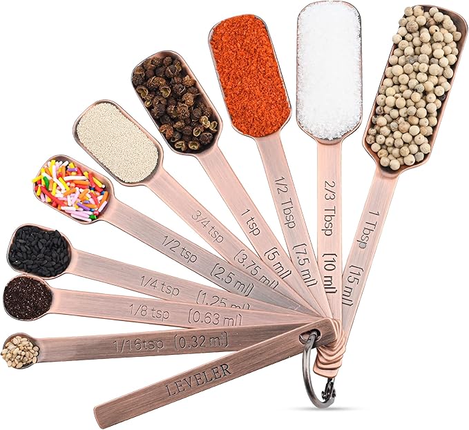 Copper Measuring Cups and Spoons Set 17, Stainless Steel 7 Measuring Cup and 9 Spoons for Dry & Liquid, Metric & US Metal Measuring Cups and Spoons Set &Leveler for Baking & Kitchen