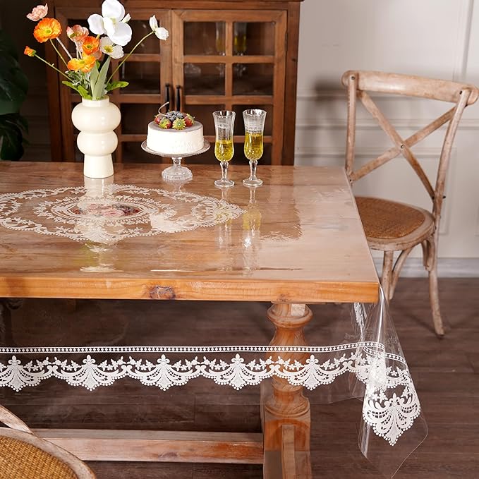 Clear Table Cover Protector Rectangle Vinyl Table Cloth Waterproof Oil Spill Proof Wipe Clean Lace Plastic Tablecloths for Dining Tables (French Lace, 60 x 104 Inches)