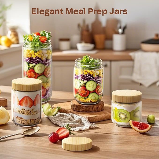 6 Pack 16oz Overnight Oats Containers with Bamboo Lids, Glass Jars with Airtight Lids for Meal Prep, Wide Mouth Mason Salad Jars, Glass Food Storage Container for Yogurt Chia Snacks Spice Sugar