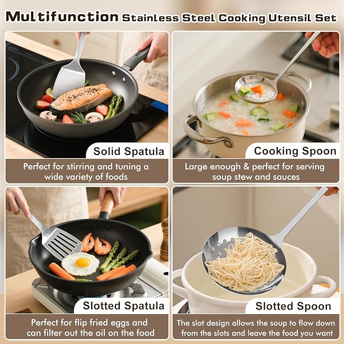 4 Pcs Cooking Utensils Set, Stainless Steel Kitchen Utensils, Heat Resistant Metal Kitchen Tools Include Solid & Slotted Turner Wok Spatula, Serving Spoon, Ergonomic Handle, Easy to Clean, Silver