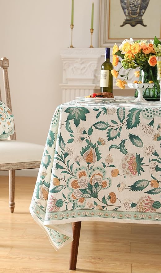patdrea Designer French Green Table Cloth for Rectangle Table,Vintage Italian Floral Country Linen Extra Long Tablecloth,Decor Cover for Kitchen Dining,Christmas,Thanksgiving,67"x118"-Tree Life