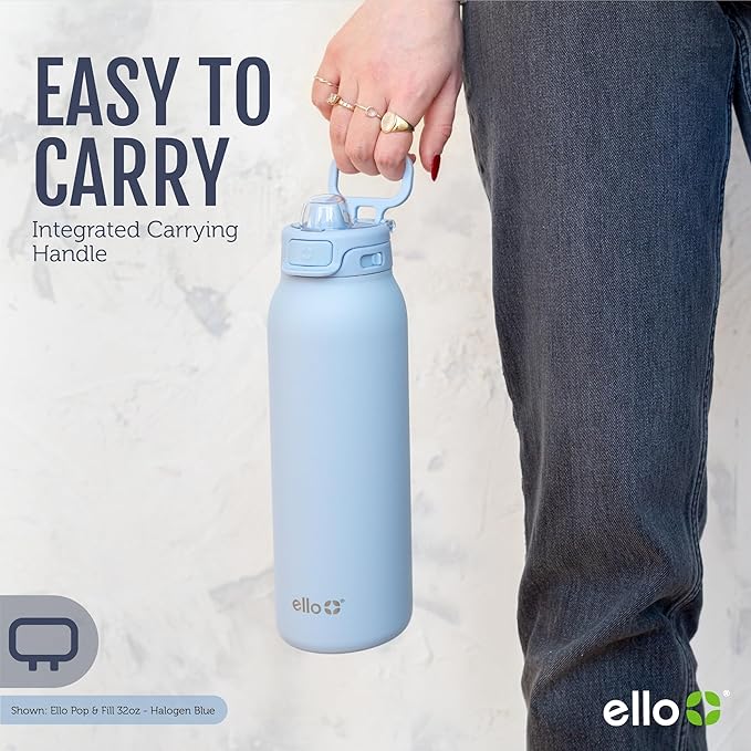 Ello Pop & Fill 40oz Stainless Steel Water Bottle with Quick Fill Technology, Double Walled and Vacuum Insulated Metal, Leak Proof Locking Lid, Sip and Chug, Reusable, BPA Free, Cherry Breeze