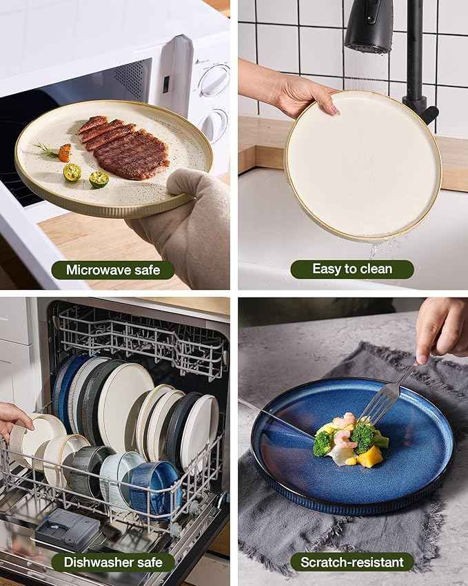 Famiware Star Dinnerware Set with Mugs, Service for 4 (16pcs), Ribbed Stoneware Plates and Bowls Dishes Sets with Trim - Chip & Scratch Resistant, Microwave & Dishwasher Safe, White