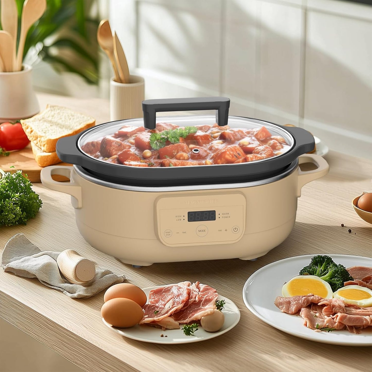 6 Quart Programmable Slow Cooker Removable Healthy Nonstick Pot - Small Kitchen Appliance for Family Dinners - Serves 6+ People - Heat Settings: Keep Warm Brown Sugar