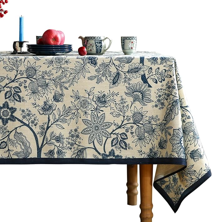 ISAENNE Designer French Linen Table Cloth for Rectangle Table,Blue Floral Washable Indoor Tablecloth,Durable Home Decor Tablecloths for Dining Thanksgiving Kitchen Party Christmas,55"*79"-Ruyi B