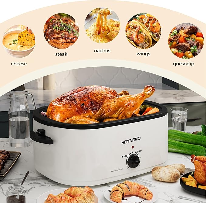 26Qt Turkey Roaster Oven Buffet with Self-Basting Lid, 1450W Stainless Steel Electric Roaster Oven with Cool-Touch Handles, Removable Pan and Rack, White