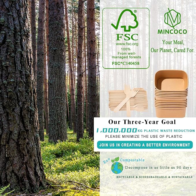 MINCOCO 50 Count Disposable Paper Bowls with Lids Meal Prep Containers 【Includes 50 Wooden Forks + 100 Labels】 Salad Food Containers Freezer & Microwave Safe Leakproof Soup Bowls (35 Ounce, 50-Count)