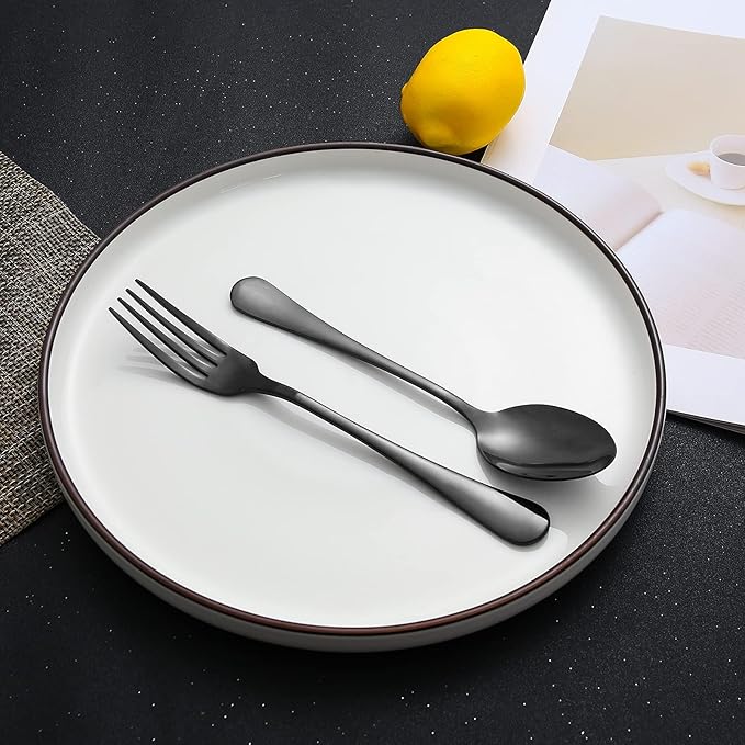 Set of 12, Stainless Steel Dinner Forks and Spoons Silverware Set, Heavy-Duty Forks (8 Inch) and Spoons (6.7 Inch) Cutlery Set, Dishwasher Safe (Black)