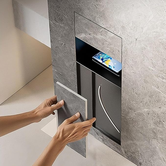 Recessed Bathroom Trash Can & Toilet Paper Holder Tile-Friendly Built-in Hidden Garbage Bin Stainless Steel Recessed Storage Cabinet Shower Nich for Toilet Bathroom Hotel,C