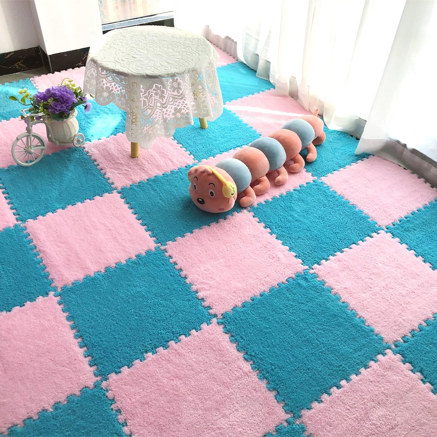 easycustomerlee 12pcs Interlocking Carpet Shaggy Soft EVA Foam Mats Fluffy Rugs Protective Floor Tiles Play Mats for Children Kids Room Home Parlor Bedroom(Blue)