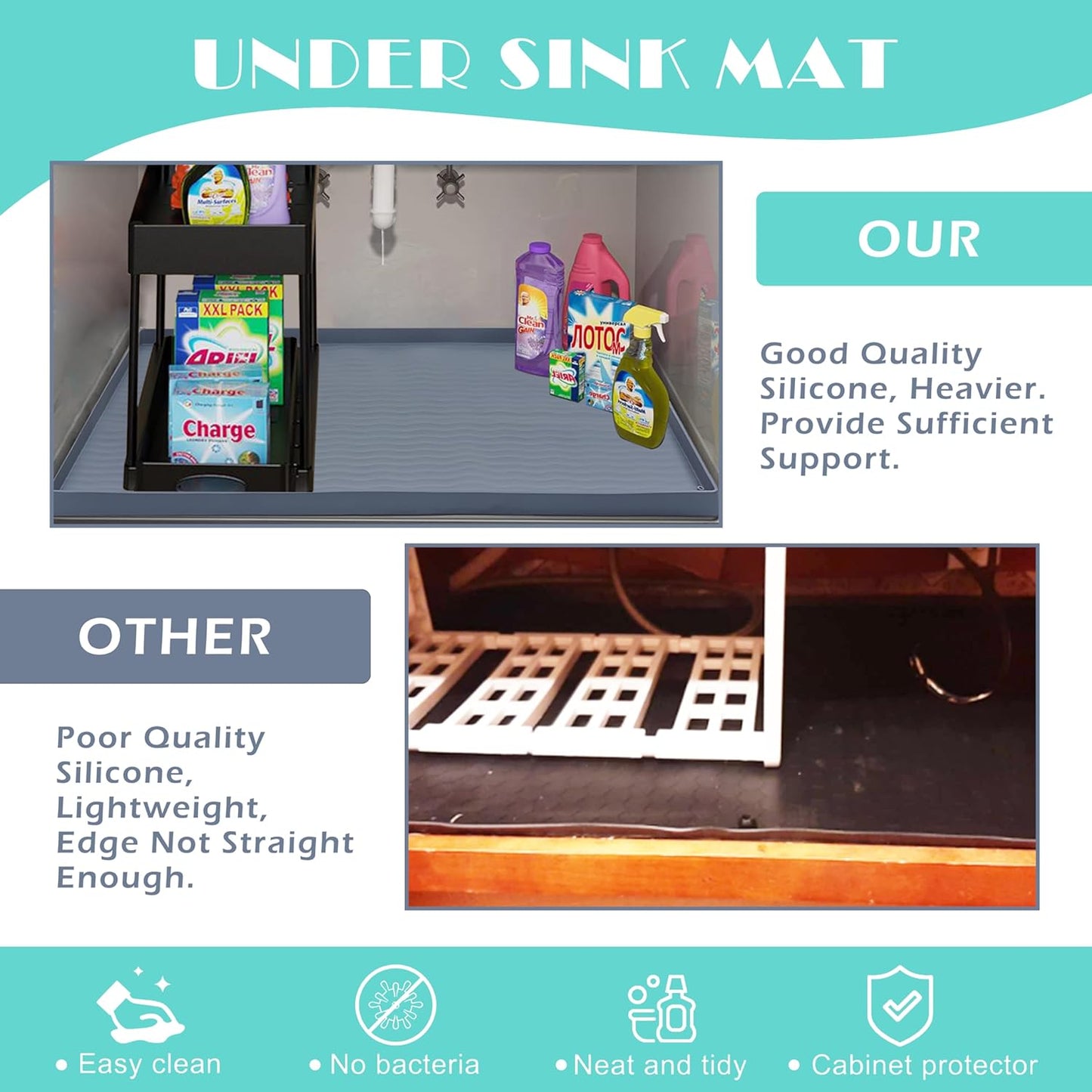 URMONA Waterproof Silicone Under Sink Mat 40'' x 22'' Shelf Liner for Kitchen and Bathroom, Cabinet and Counter Protector, Storage and Organizers, Litter Mat, Pet Cat Puppy Essentials(Beige)