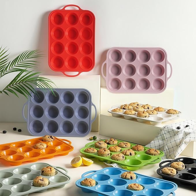 2 Packs 12 Cups Silicone Muffin Pan with Metal Reinforced Frame Regular Size Cupcake Pan Tray Egg Bites Oven Safe Silicone Molds Cookie Muffin Pan Tin Best Baking Sheets Non Toxic Clearance