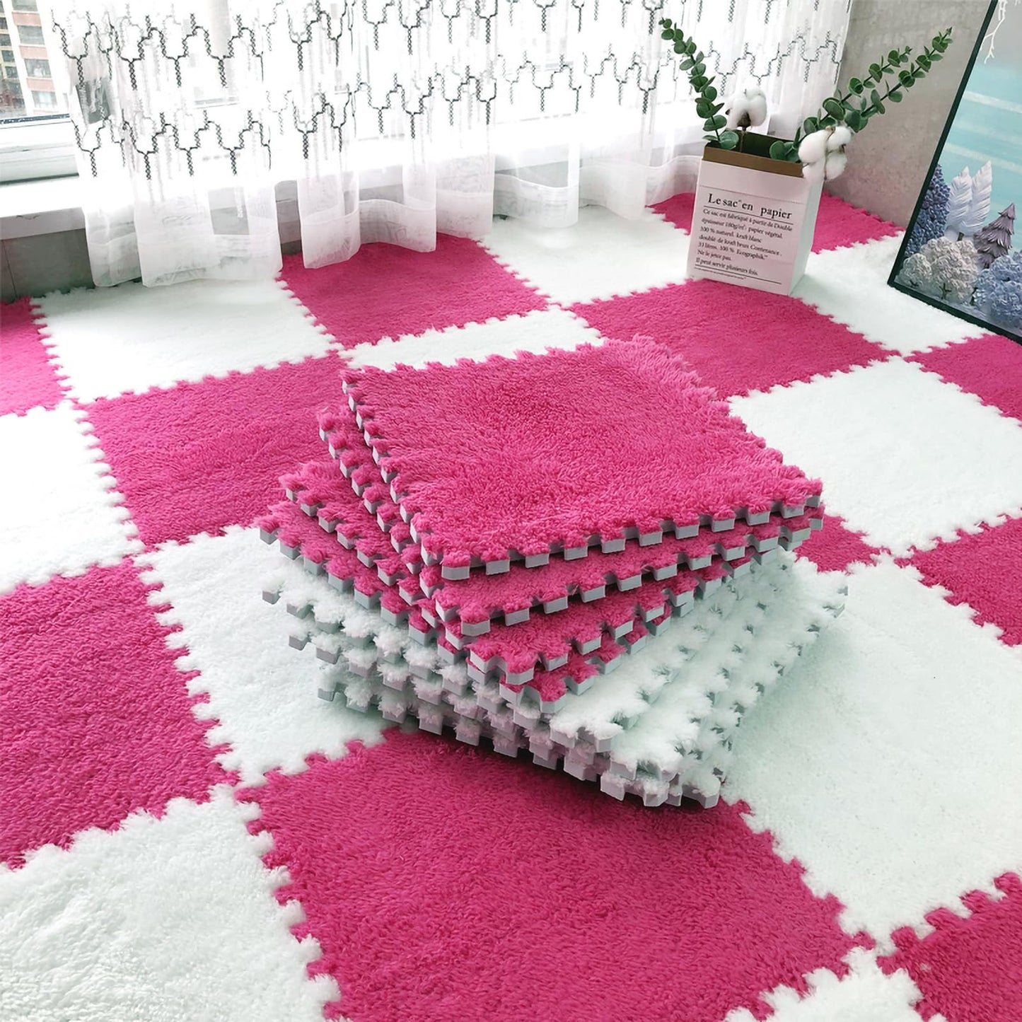 easycustomerlee 12pcs Interlocking Carpet Shaggy Soft EVA Foam Mats Fluffy Rugs Protective Floor Tiles Play Mats for Children Kids Room Home Parlor Bedroom(Rose)