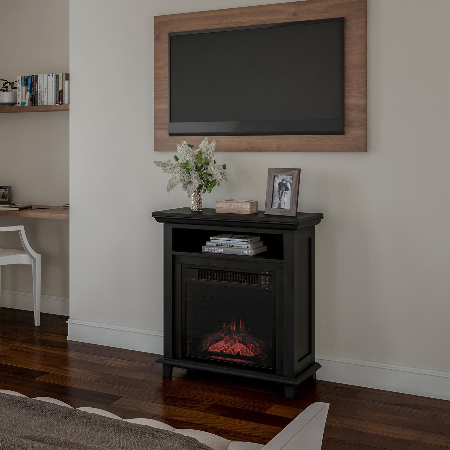 27 Inch Electric Fireplace TV Stand for 32" Screen - Fireplace Mantel TV Console Entertainment Center with Shelf - 1400W Electric Heater with Mantel Heats Rooms up to 400 SQ FT by Northwest (Black)