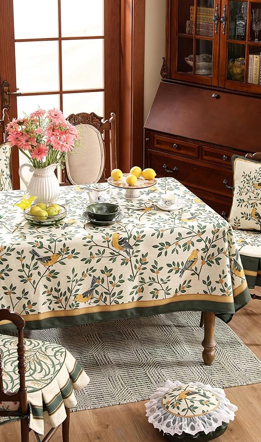 patdrea Designer French Table Cloth for Rectangle Table,Vintage Green Linen Birds and Leaves Pattern Tablecloths,Dacorative Cover Kitchen Dining,Christmas,Thanksgiving,Tea Party,63"x87"-Warbler