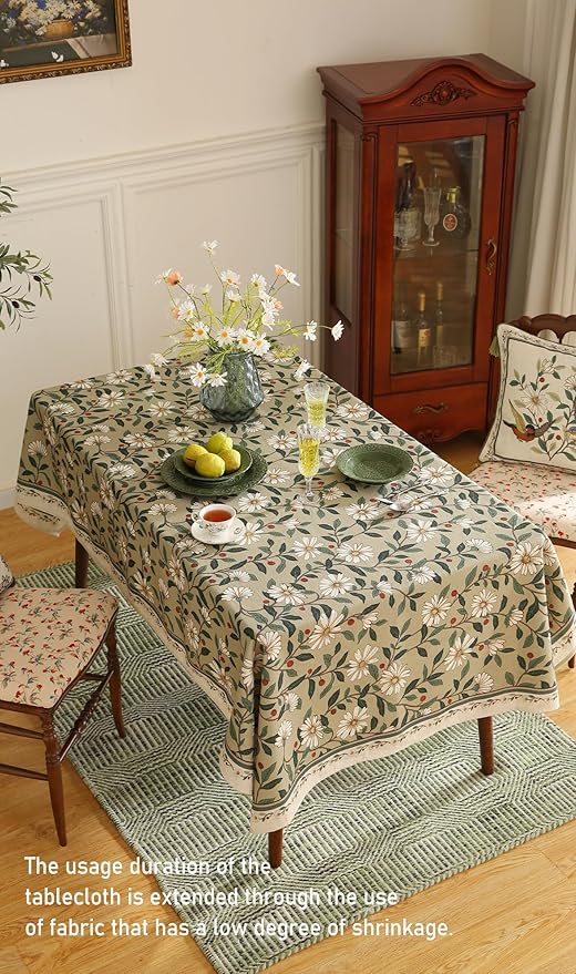 ISAENNE Designer Green Linen Small Rectangular Tablecloth,Floral French Country Indoor Table Cloth,Stain Resistant Home Decor Tablecloths for Dining Kitchen Thanksgiving Party,55"*71"-Brune