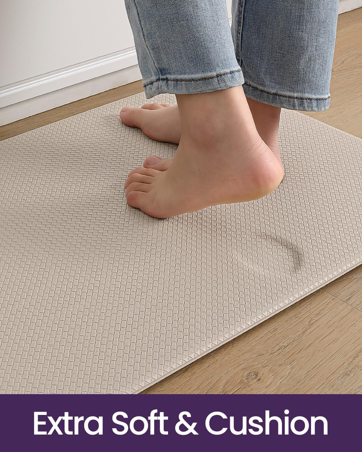 DEXI Kitchen Floor Mats Cushioned Anti Fatigue, 23x59, Large Wide Standing Runner Rug Waterproof, Comfort Memory Foam Padded for Front Sink Laundry, Beige