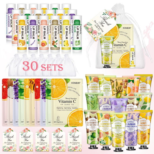 KONEUK 30 Pack Bulk Facial Mask, Bulk Hand Cream and Bulk Lip Balm Sets, Easter Basket Stuffers, Bridal Shower Favors and Baby Shower Party Favors for Guests, Thank You Gifts for Coworkers Women