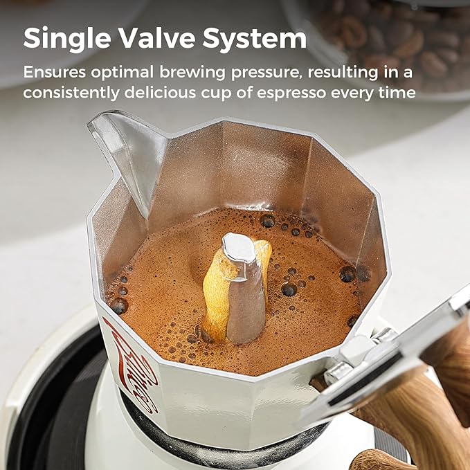 Bincoo Espresso Maker Stovetop, Moka Pot 3 Cups, Espresso Pot Classic Italian Coffee Maker,Single Safety Valve (White, 3 Cup)