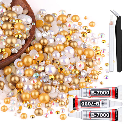 80g Flatback Pearls and Rhinestones for Crafting, White Brown 3-10mm Resin Rhinestones and Half Pearls for Bedazzling, Nail Art and Dec with 3pcs 10ml B7000 Jewelry Glue, Tweezer and Pickup Pencil