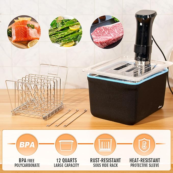 HOMENOTE Container 12 Quart with Lid & Rack and Sleeve - BPA Free Complete Sous Vide Accessories Kit with Cookbook For Anova and Most Sous Vide Cookers