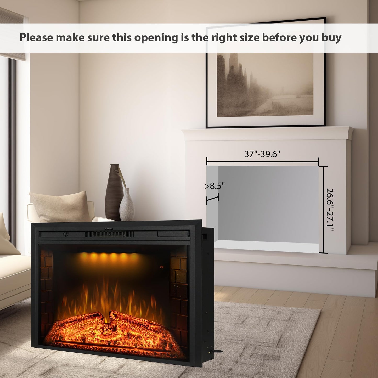 Benrocks 40'' Electric Fireplace Inserts, Recessed & Built in Wall Electric Fireplace Heater with Fire Crackling Sound, Adjustable Top Light & Flame Speed, Overheating Protection, 750/1500W Black