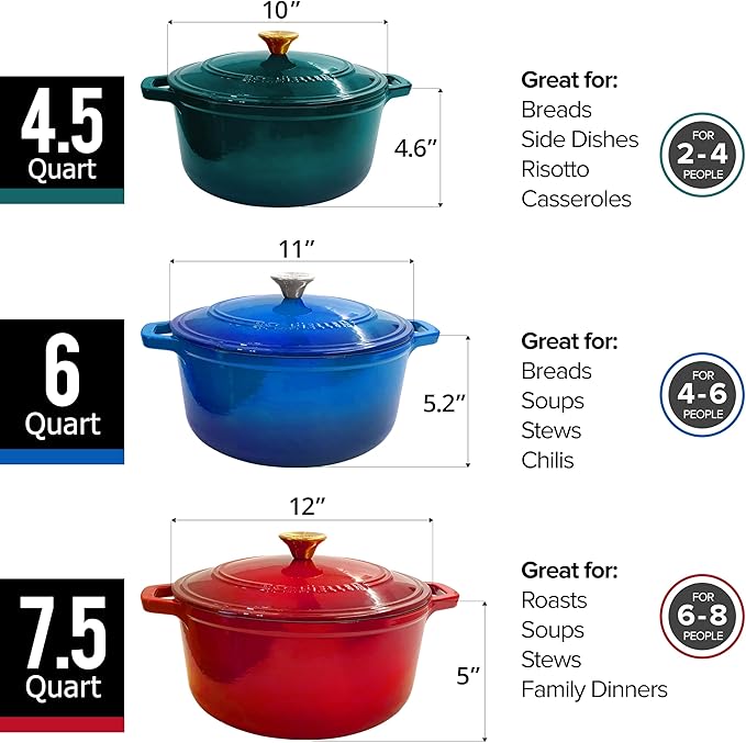 MUELLER HOME 7.5 QT Enameled Cast Iron Dutch Oven, Heavy-Duty Casserole Dish and Braiser Pan with Lid and Stainless Knob, Oven-Safe up to 500° F & Across All Cooktops, Red