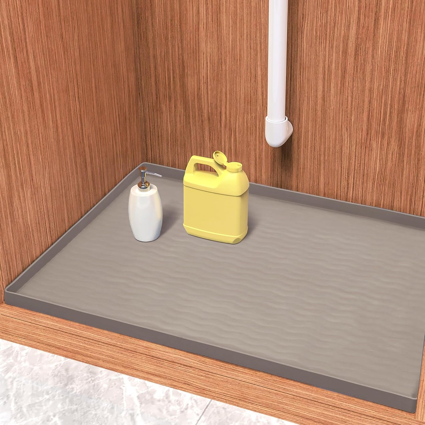 URMONA Waterproof Silicone Under Sink Mat 28'' x 22'' Shelf Liner for Kitchen and Bathroom, Cabinet and Counter Protector, Storage and Organizers, Litter Mat, Pet Cat Puppy Essentials(Beige)