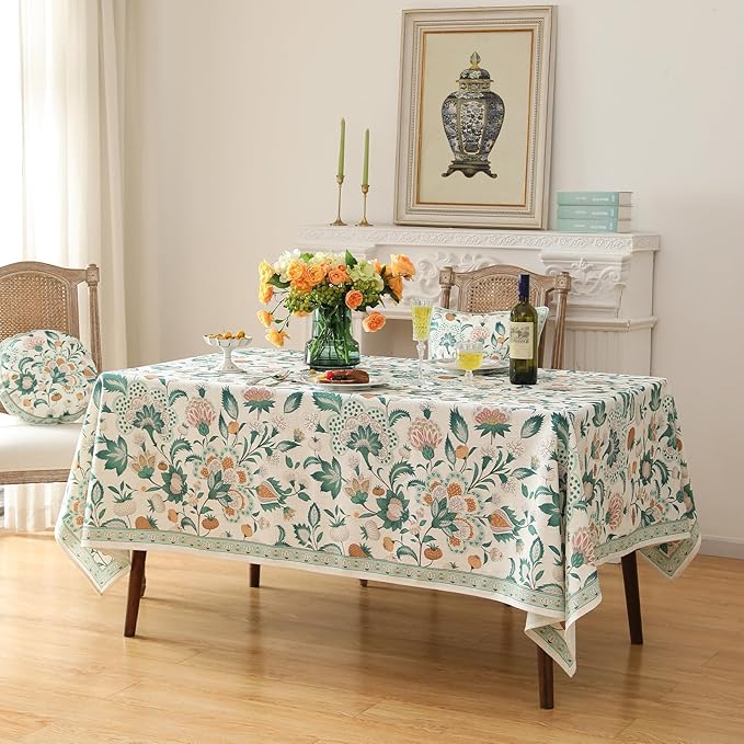 patdrea Designer Green Long Rectangle Table Cloth,Vintage Italian Floral Country Linen Breathable Tablecloth,Decor Cover for Kitchen Dining,Christmas,Tea Party,Thanksgiving,63"x102"-Tree Life