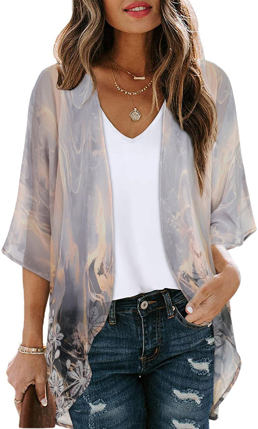 Women's Floral Print Puff Sleeve Kimono Cardigan Loose Cover Up Casual Blouse Tops (Grey Gold Floral,S)