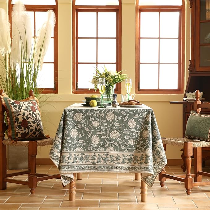 ISAENNE Designer Grayish Green Linen Long Rectangle Tablecloth,Floral Stain Resistant Table Cloth,Fall Vintage Decor Tablecloths for Dining Thanksgiving Kitchen Party,63"*102"-Andrew A