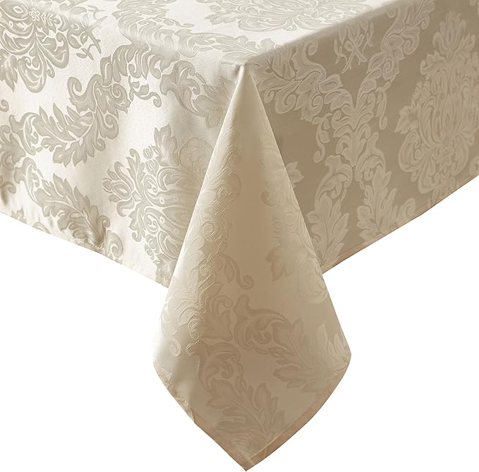 Newbridge Barcelona Luxury Damask Fabric Tablecloth, 108” Round, Golden Beige, 100% Polyester, No Iron, Soil Resistant Dining Room, Party and Banquet Table Cover