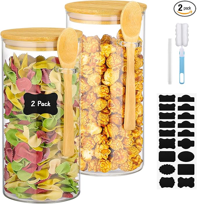Glass Jars with Bamboo Lids and Spoon - 2 Pack 44 Fl.oz Round Pasta Storage Containers with Airtight Lid, Includes Labels, Marker and Brush, Large Kitchen Pantry Canisters for Rice, Noodles