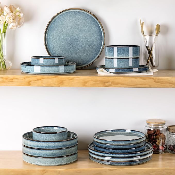 GBHOME Ceramic Dinnerware Sets for 4, 12 Pieces Stoneware Plates and Bowls Sets, Reactive Glaze Dishes -Scratch Resistant, Dishwasher&Microwave Safe