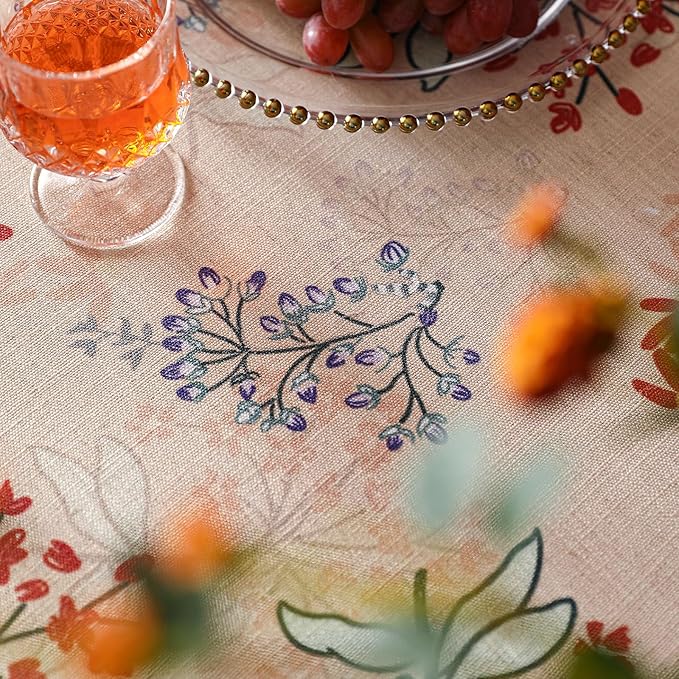patdrea Designer French Linen Long Tablecloth for Rectangle Table,Vintage Red Floral Tablecloths,Dacorative Cover for Kitchen Dining,Tea Party,Christmas,Thanksgiving,Holiday,63"x87"-Newmari