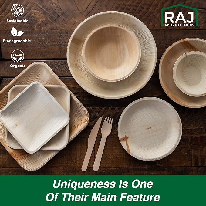 Raj Disposable Palm Leaf Bowls (100 Count, 4" Square Bowls) Strong Bowl Like Bamboo Party Bowl - Decorative Compostable Tableware for Lunch, Dinner, Birthday, Outdoor, BBQ, Picnic.