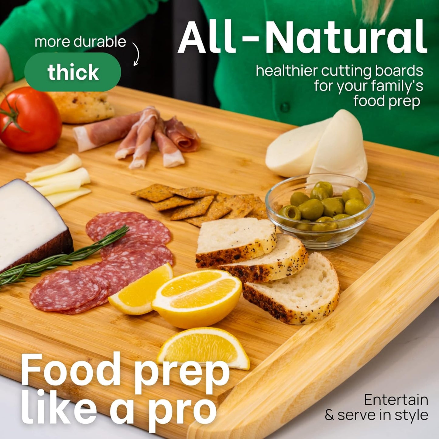 GREENER CHEF 24 Inch Bamboo Cutting Board with Lifetime Replacement - 2XL Extra Large Wooden Butcher Block for Kitchen, Stove Top, Meat, Vegetables, and Charcuterie with Deep Juice Grooves