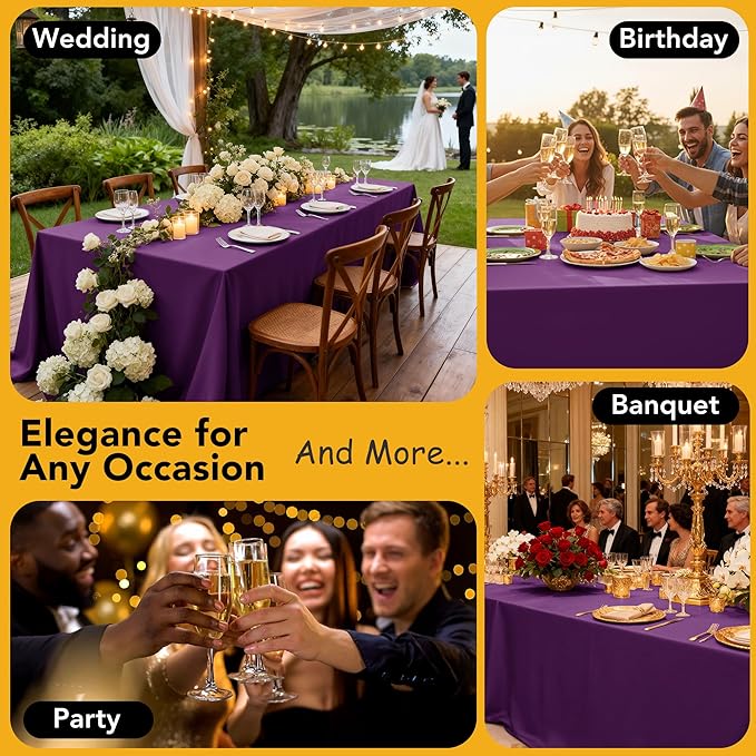 10-Pack Purple Tablecloths for Rectangle Tables, 60 x 102 Inches, Stain-Resistant Polyester Fabric for 6 Foot Tables - Washable Table Covers for Weddings, Banquets, Birthday Parties, Events