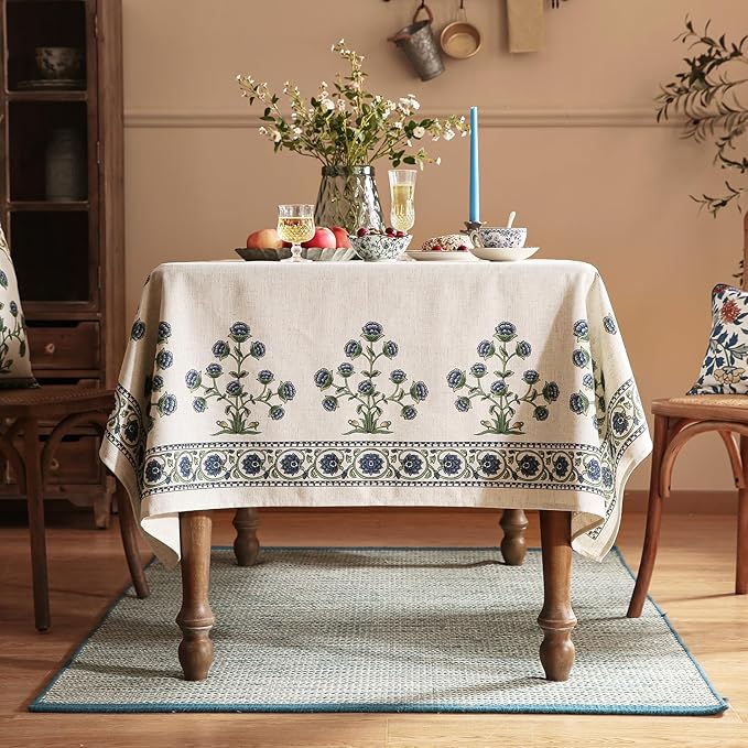 patdrea Designer Linen Vintage Blue Rectangle Tablecloth,Leaves Pattern Durable Floral Table Cloth,French Table Cover Cloth Decor for Kitchen Dining,Christmas,Thanksgiving,Party,63"x87"-Ivar B