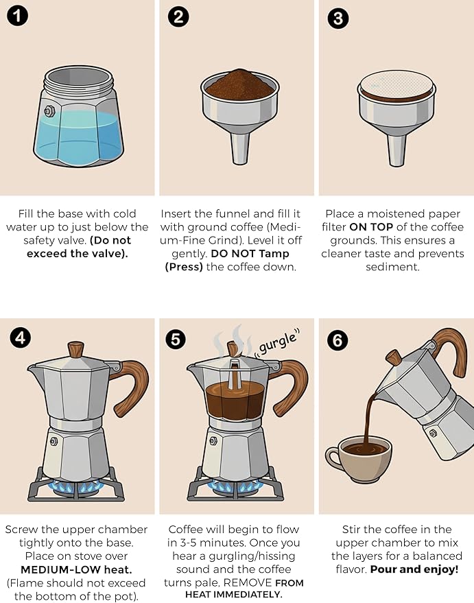 AGOGO Milano Moka Pot Stovetop Espresso Maker with 100 Paper Filters for Sediment-Free Coffee, Classic Italian Greca with Wood-Grain Handle,Cleaning Brush & Towel 6 Cup (10oz / 300ml) Cream