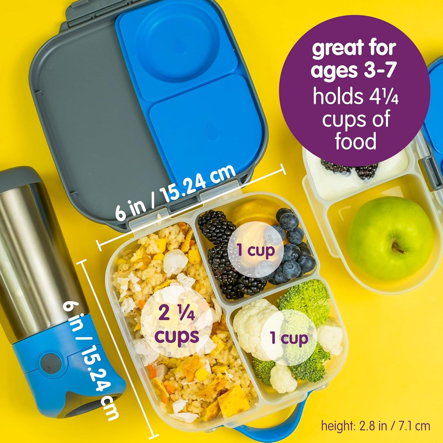 b.box Mini Lunch Box, Bento Box for Kids, Snack Container with 2 Leak Proof Compartments, Reusable Snack Containers with Lids, Kids Lunch Boxes Ages 3+, BPA Free, 4 1/4 Cup Capacity (Midnight)