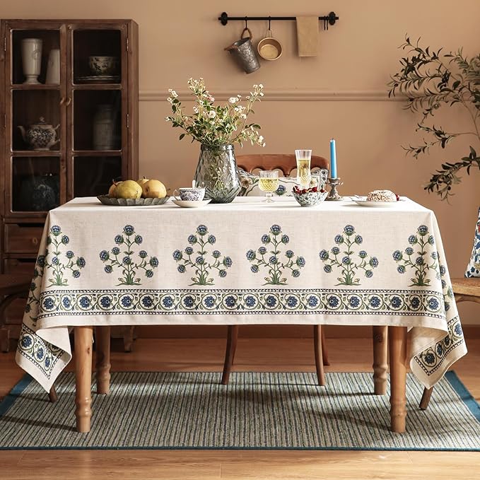 patdrea Designer Linen Vintage Blue Rectangle Tablecloth,Leaves Pattern Durable Floral Table Cloth,French Table Cover Cloth Decor for Kitchen Dining,Christmas,Thanksgiving,Party,55"x79"-Ivar B