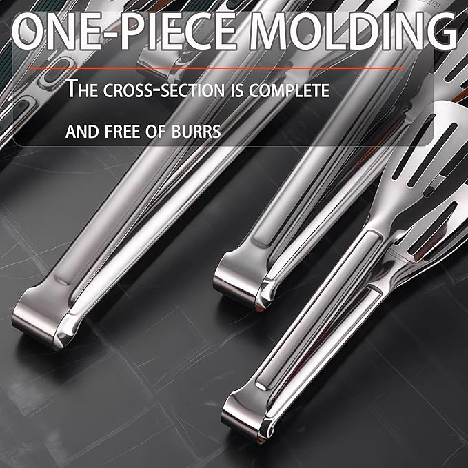 Stainless Steel Kitchen Tong Set - Anti-Slip Heat-Resistant Grip, Widened 3-Line Slotted Heads for Easy Clamping (Steaks, BBQ, Pasta, Salads), Easy Clean for Versatile Use Set of 3-6" 9" 11", Silver