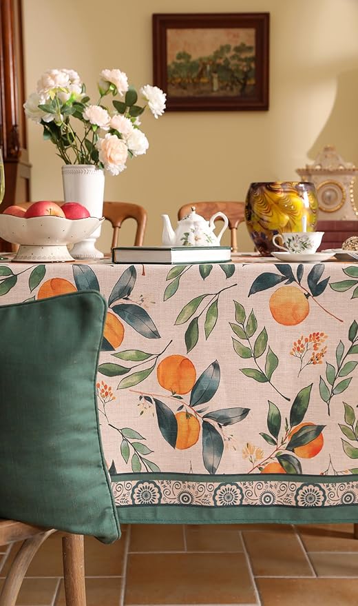 patdrea Designer Vintage Linen Rectangle Table Cloth,Framhouse Oranges and Leaves Pattern French Tablecloth,Fall Decor Cover for Kitchen Dining Christmas,Thanksgiving,55"x79"-Palladin a