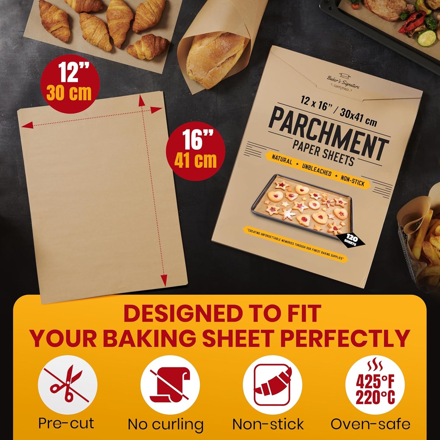 Parchment Paper Sheets for Baking, 12x16 In 120 Pcs by Baker's Signature | Precut Non-Stick & Unbleached - Will Not Curl or Burn, Non-Toxic & Comes in Convenient Packaging