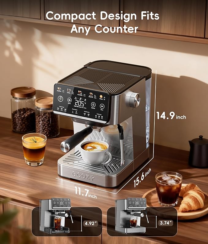 ecozy 4-in-1 Espresso Machine and Coffee Maker Combo with Milk Frother, All in One with Cold Brew & Over Ice, Interactive Touch Screen, Brezzano Elite Series for Cappuccinos, Lattes, Americanos